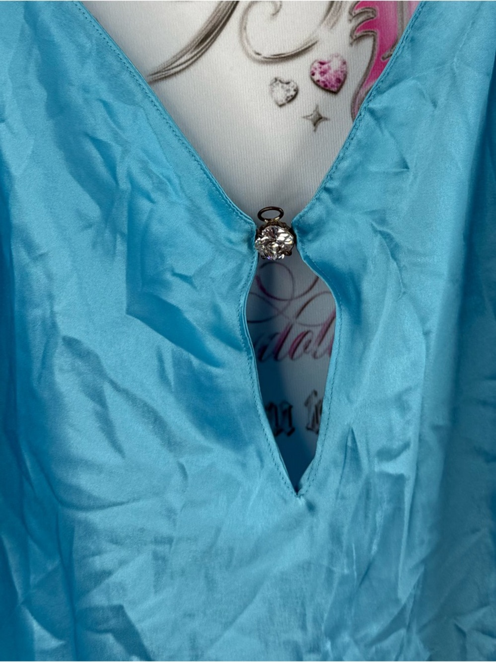 Silk and Satin dress rhinestone diamond Aqua Slip Dress with Keyhole Detail - Picture 4 of 13